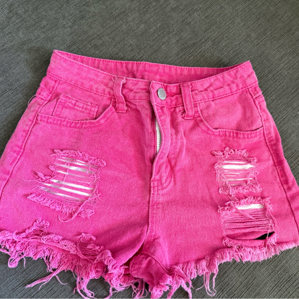 SHEIN Pink Distressed Jean Shorts with Frayed Hem
